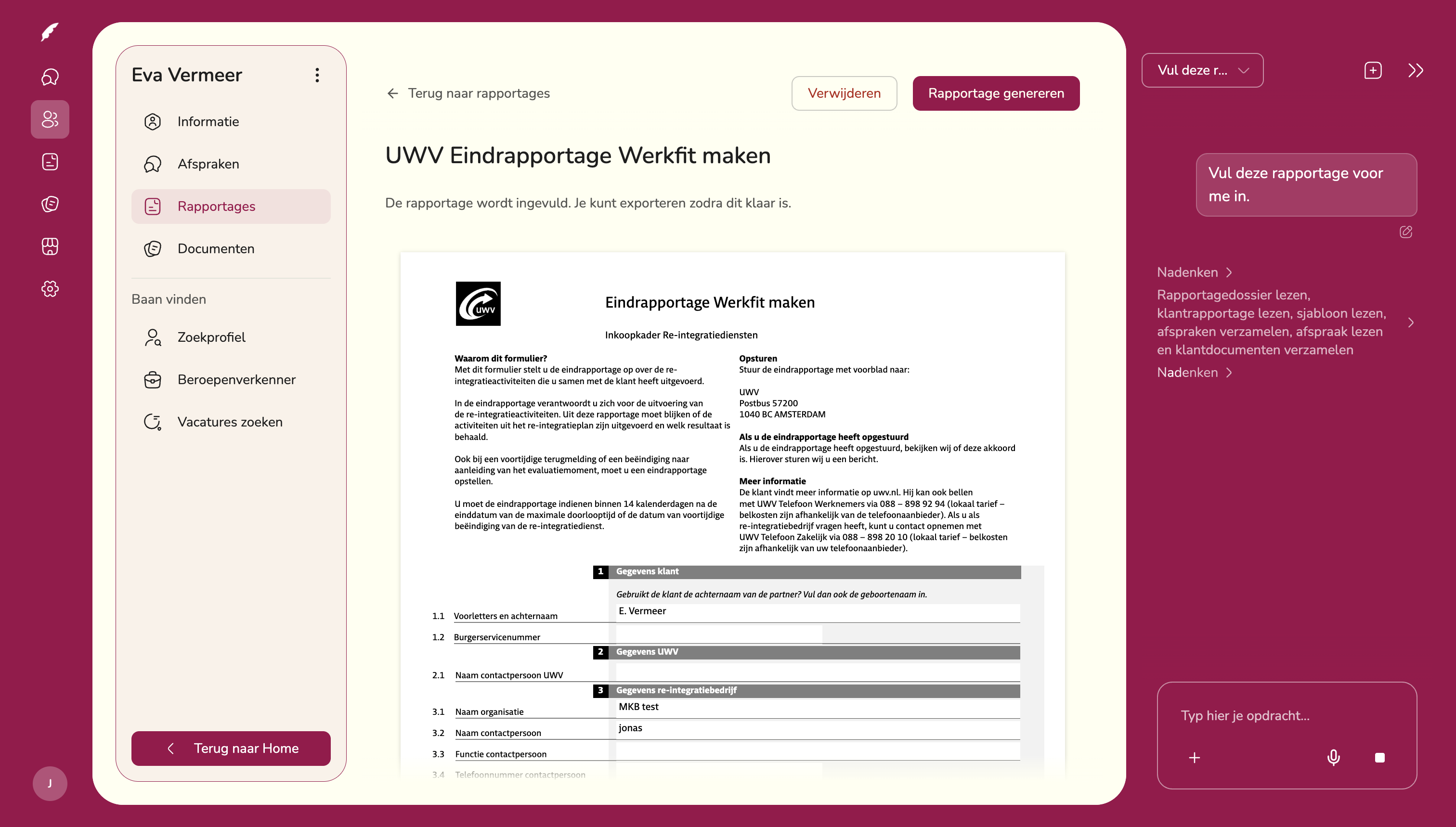 Rapply genereert een UWV-eindrapportage Werkfit maken op basis van het cliëntdossier, met de AI-assistent rechts in beeld.